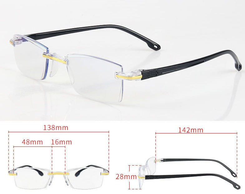 Vintage Frameless Reading Glasses With Diamond Cut Edge For Round Face Shape Anti Blue Light Clarity UltraLens