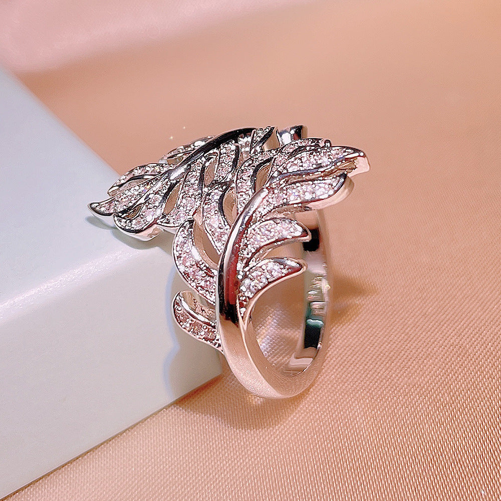 Zircon Ornament Ring Leaf Design Adjustable Size 6 7 8 9 10 Geometry Brass Alloy Inlay Chic Everyday Ring Look