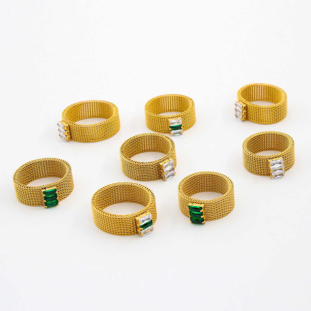 Unisex Stainless Steel Mesh Ring Inlaid Zircon Geometric Designs Electroplated Jewelry White Green Size 6 7 8 9