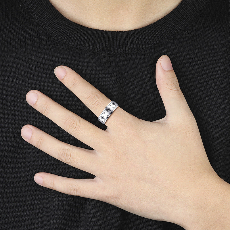 Mens Tungsten Ring Polished Silver Tone Cross Design Korean Fashion Band Individually Packed For Everyday Wear