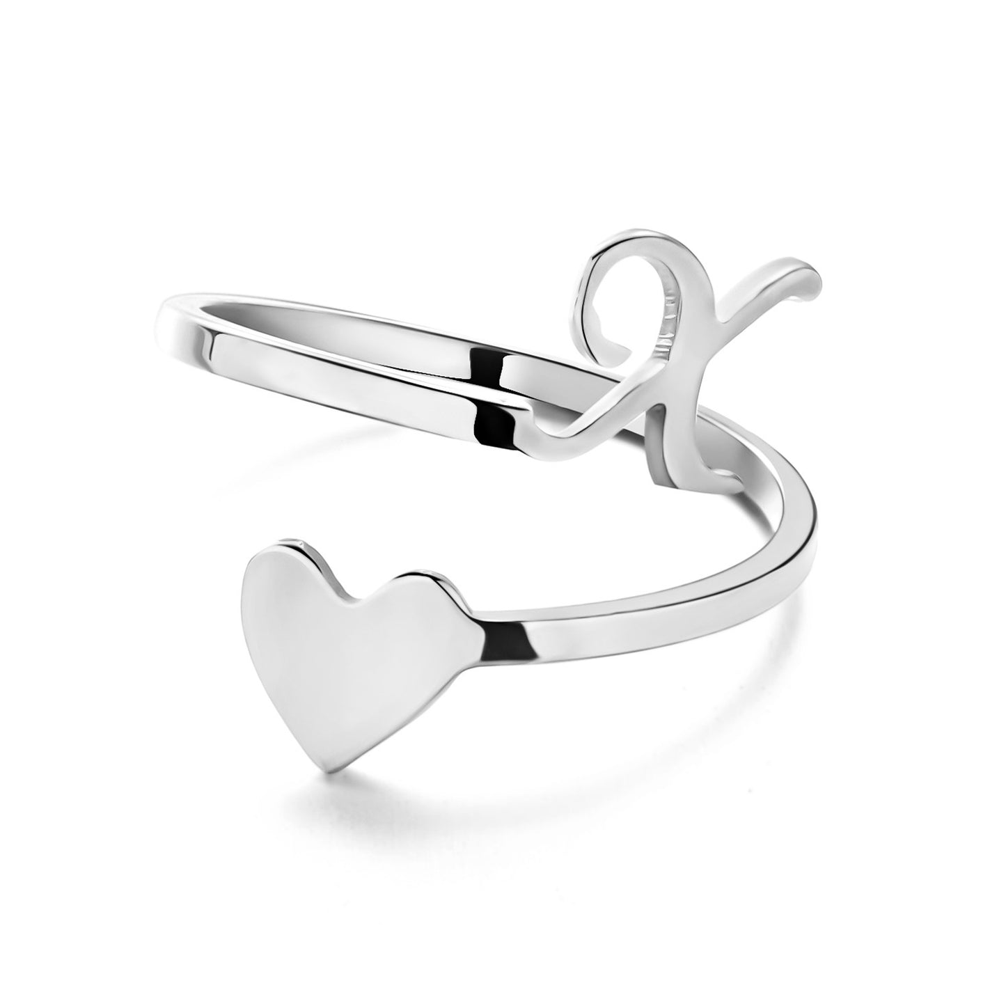 Womens Initial Letter Ring Adjustable Stainless Steel Heart Design 3D Open Heart Electroplated Fashionable Chic