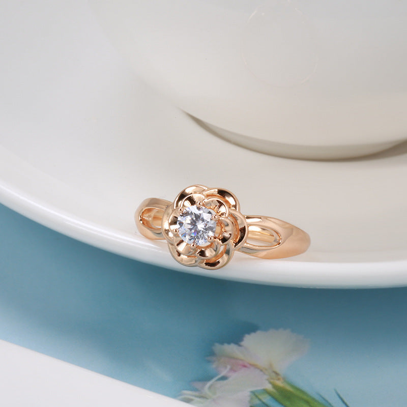 Womens Flower Ring Rose Gold Plated Copper Inlaid Gemstones Zircon Fashion Jewelry Flower Design Ring Size 6 7 8 9