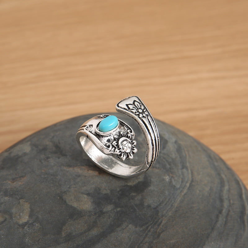 Unisex Punk Ring Adjustable Alloy Silver Turquoise Retro Flower Carved Ring Fashion Jewelry Gift For Daily Use