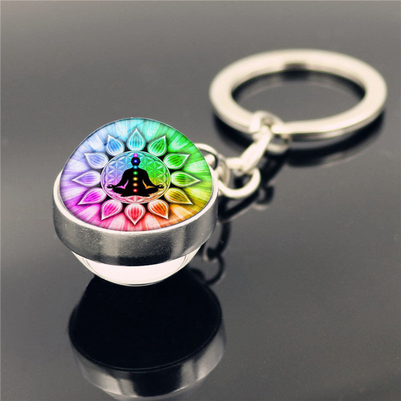 Yoga Keychain Double Sided Glass Ball Pendant Silver Plated Alloy Car Key Ring Bag Charm Decoration Gift Decor