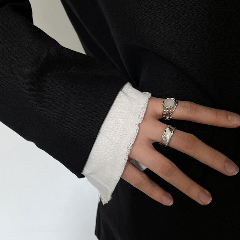 Thai Silver Plated Geometric Ring Irregular Design Fashion Jewelry Alloy Inlaid Gemstone Accent RingSet Korean