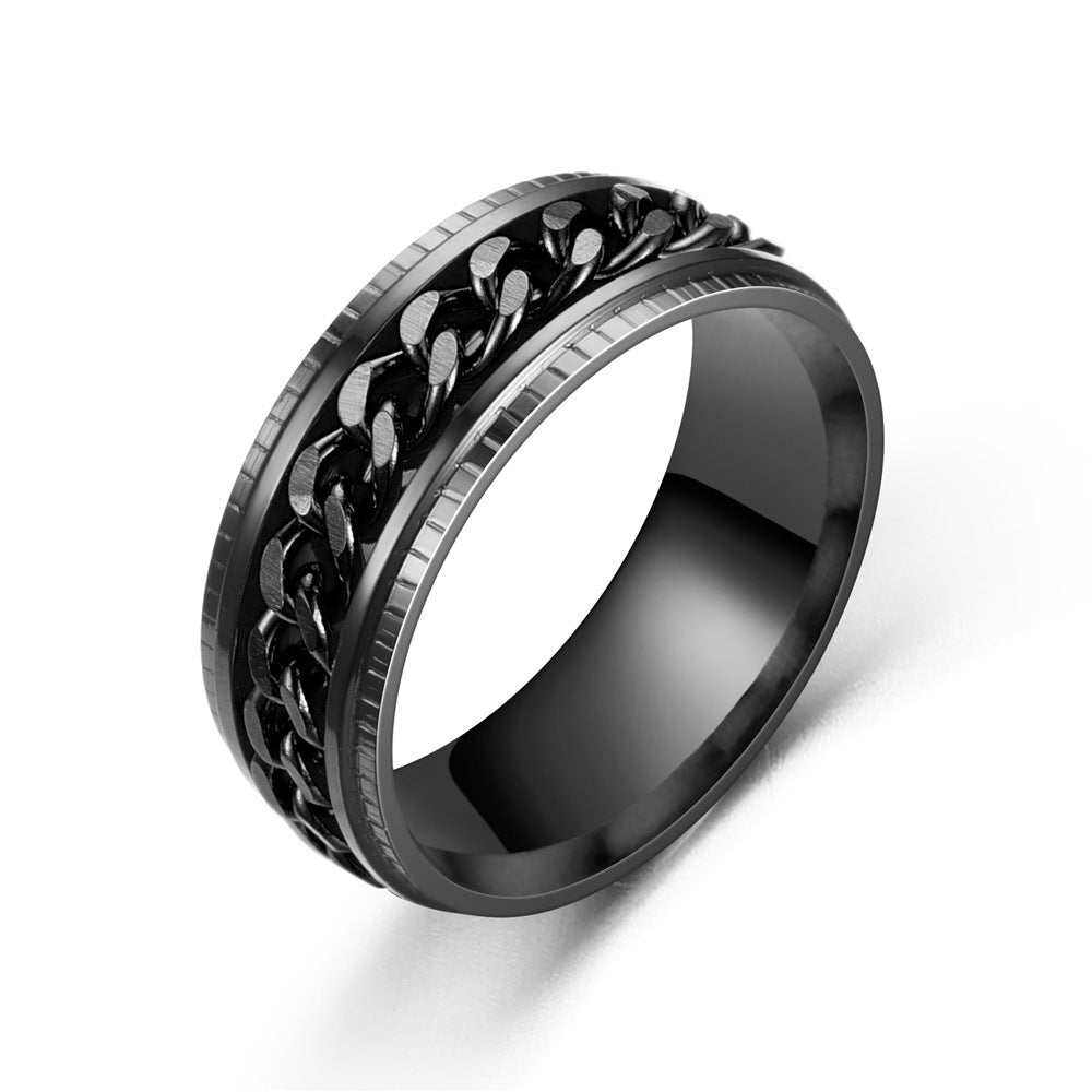 Unisex Stainless Steel Ring Rotating Wave Design Fashion Band With Chain Accent Durable Everyday Wearable Gear