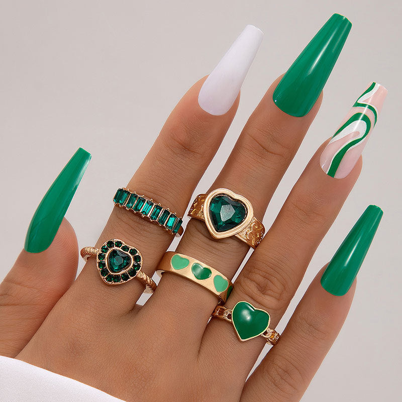 Unisex Alloy Rings Set Electroplated Finish Love Palm Emerald Diamond Ring Set Fashion Jewelry 4 Piece Set Now