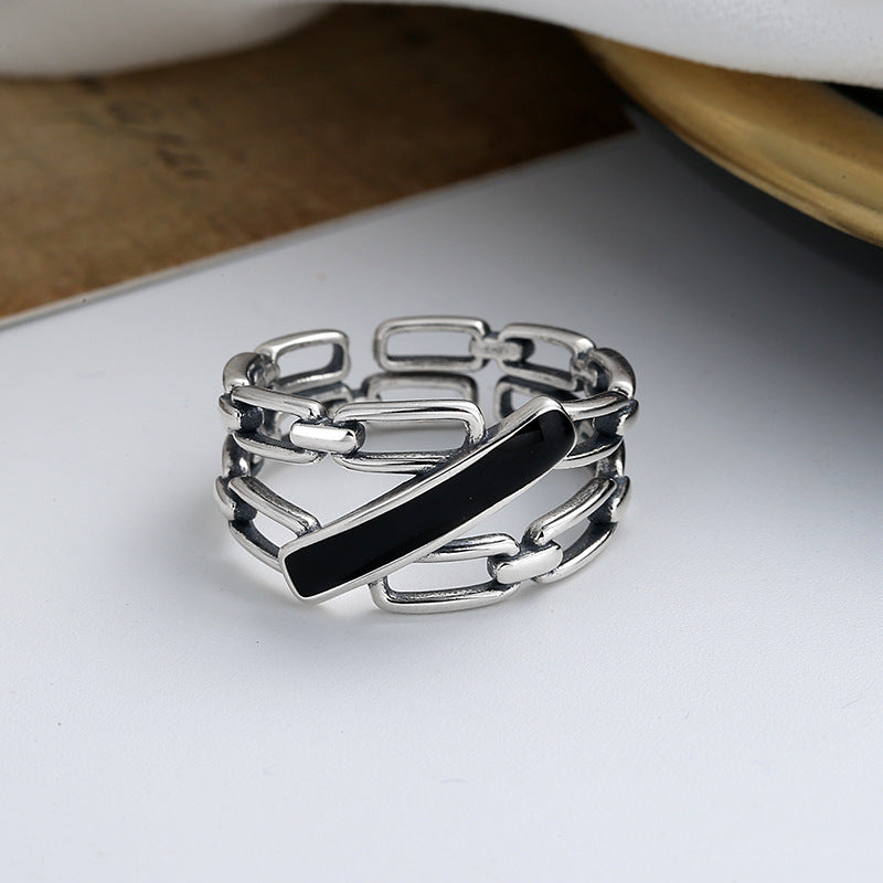 Womens Sterling Silver Ring 925 Wide Epoxy Hollow Chain Band Geometric Design Adjustable Opening Fashion Style