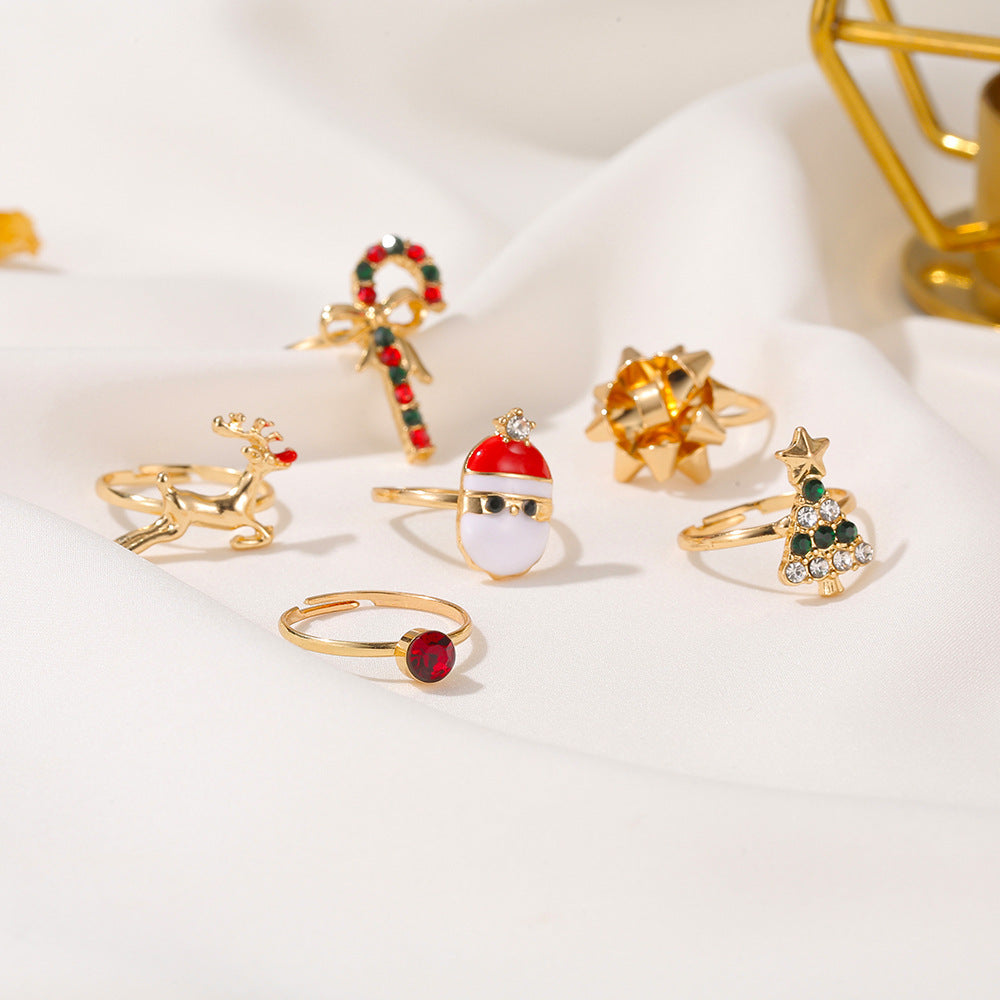 Christmas Rings Set Cartoons Elk Tree Festive Holiday Jewelry Electroplated Alloy European American Six Pieces