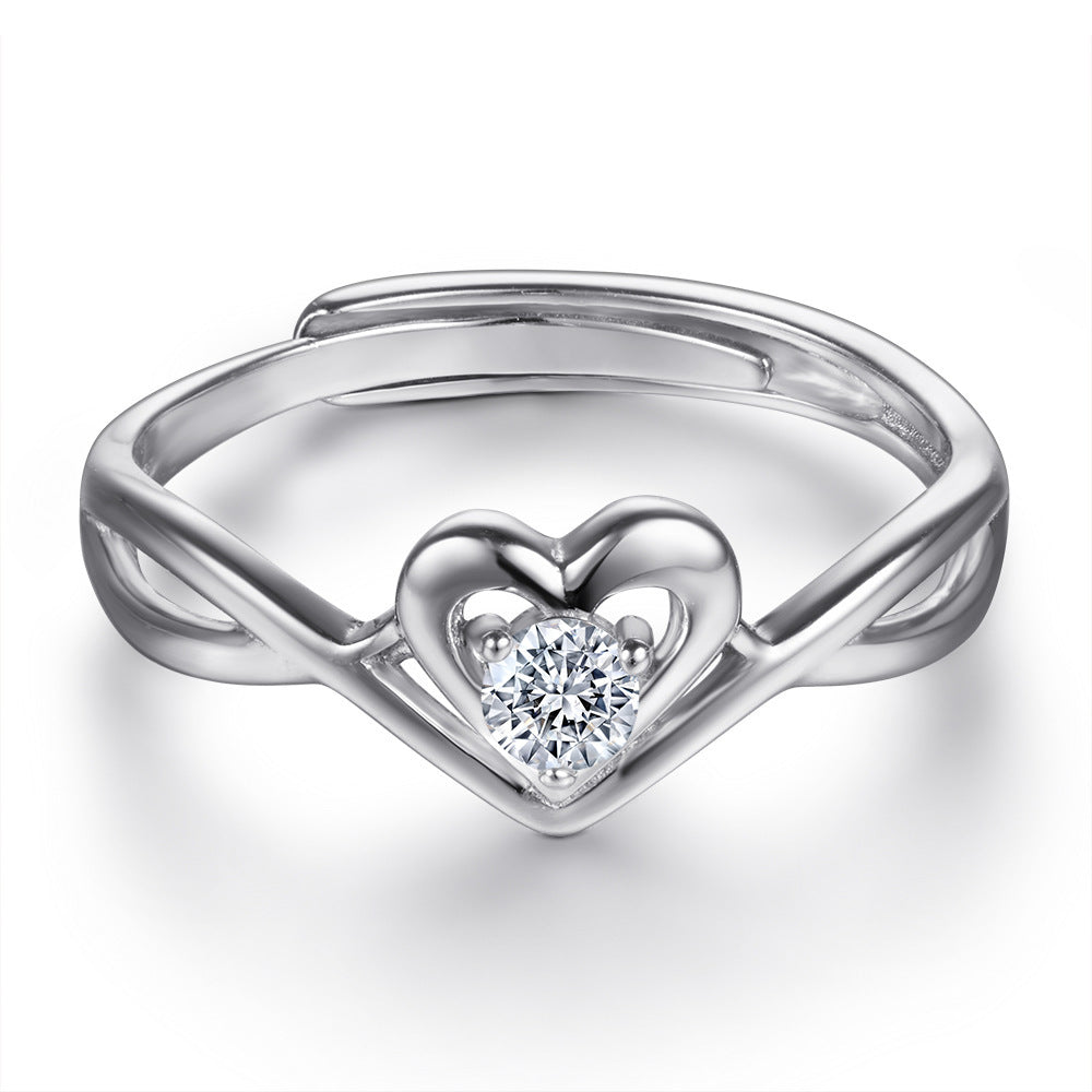 Heart Shaped 925 Sterling Silver Ring For Women Adjustable Zircon Inlay Jewelry Gift For Wedding And Anniversary