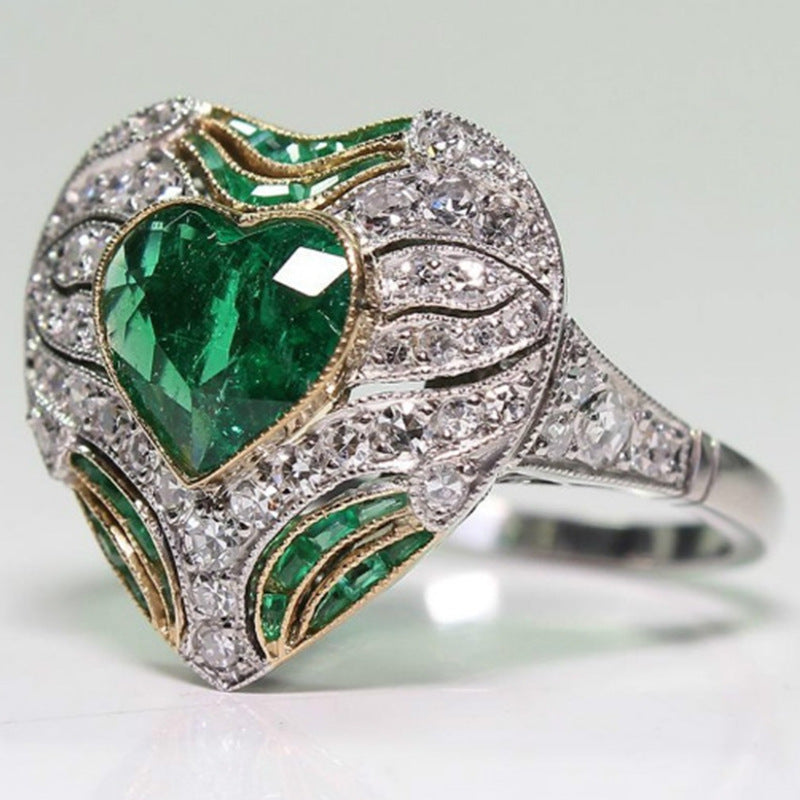 Heart Shaped Green Zircon Ring Gold Plated Alloy Jewelry For Women European Design Elegant Ring For Daily Wear