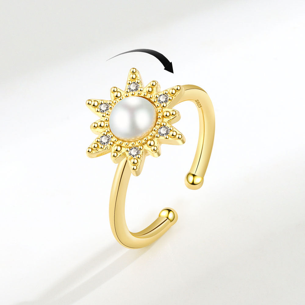 Rotatable Sunflower Pearl Ring With Adjustable Opening Copper Three Layer Plating Gold Platinum Finish Face 14mm