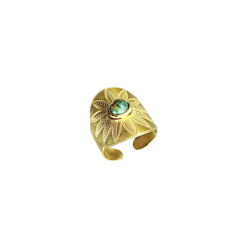 Gold Titanium Steel Ring With Turquoise Inlay Geometric Laser Flower Opening Adjustable Fashion Jewelry Elegant Trend