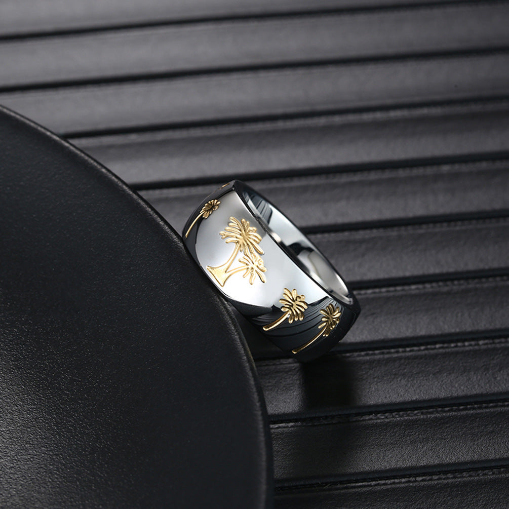 Mens Stainless Steel Ring Golden Geometric Design Electroplated Durable Modern Statement Jewelry Accessory Everyday