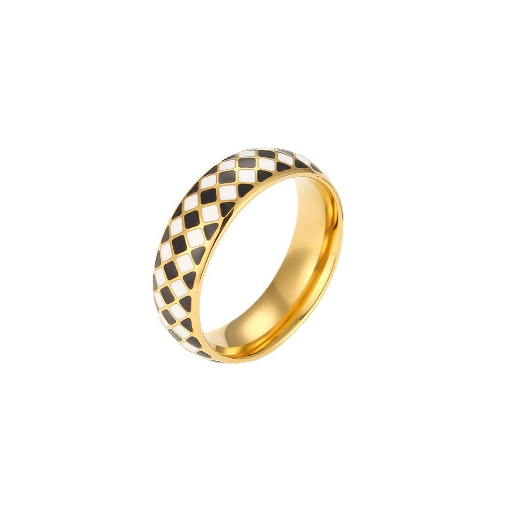 Womens Stainless Steel Ring 18K Gold Plated Midnight And White Plaid Oil Dripping Geometric Rings Jewelry Gift
