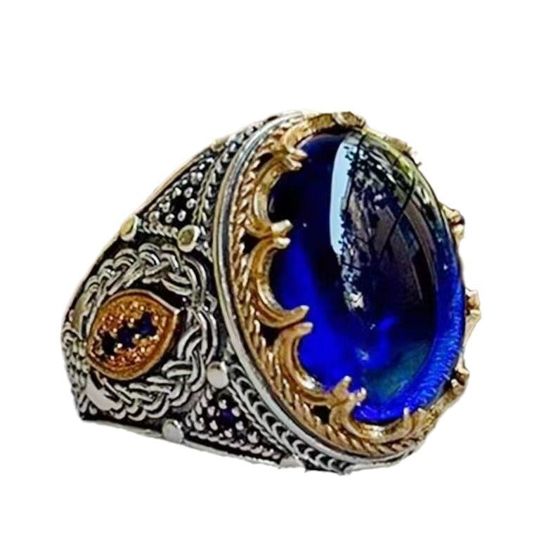 Artisan Carved Alloy Ring With Blue Gem Diamond Accent Exquisite Craftsmanship For Everyday Elegance For Daily