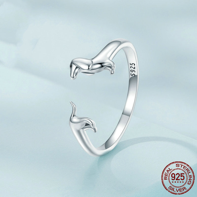 Sterling Silver Dachshund Ring Adjustable Oxidized S925 Geometric Sausage Dog Jewelry Gift For Sausage Dog Fan