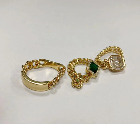 Women European Retro Chain Ring Emerald Brass Ring Golden Green Inlay Cartoon Style Jewelry Gift Idea Unique Accessory