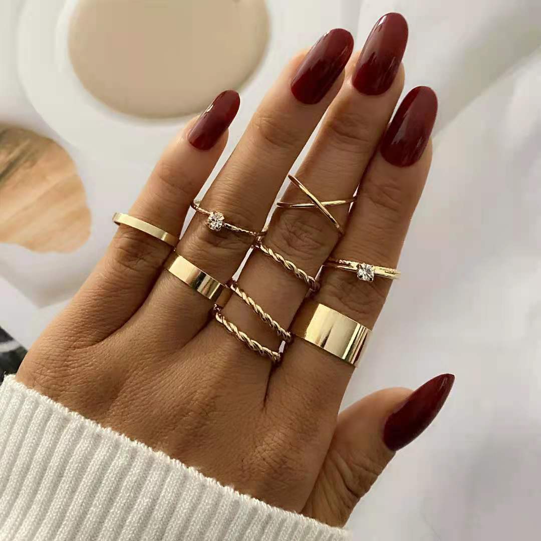 Woven Ring Set 9 Piece Geometric Alloy Rings With Gem Inlay Gold Silver Finish Jewelry Gift For Daily Look Now