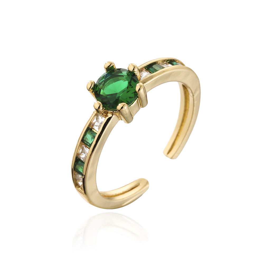 Women Retro Green Zircon Ring 18K Gold Plated Copper Micro Inlay Geometric Adjustable Jewelry Gift for Women