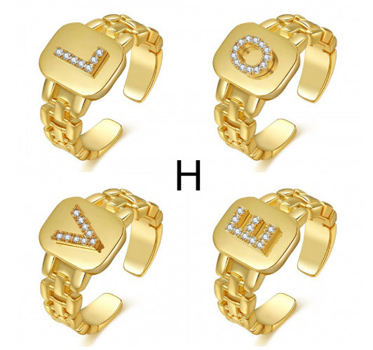Women's Adjustable Initial Ring Gold Plated Copper Open Ring With Letter And Zirconia Accent Fashion Jewelry Accessory