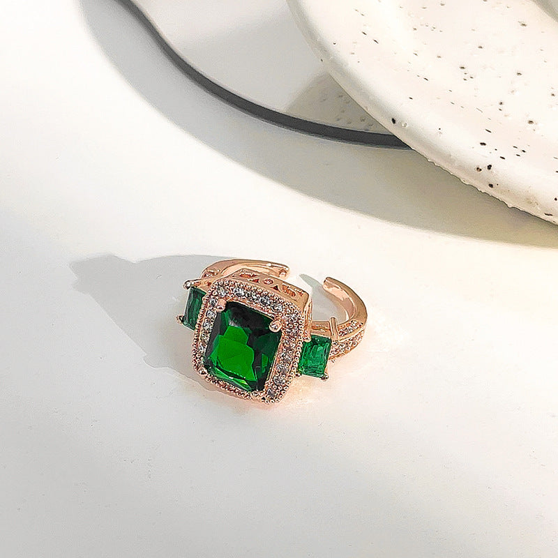 Green Crystal Ring Adjustable Gold Plated Zircon Jewelry For Women Geometric Statement Elegant Fashion Jewelry