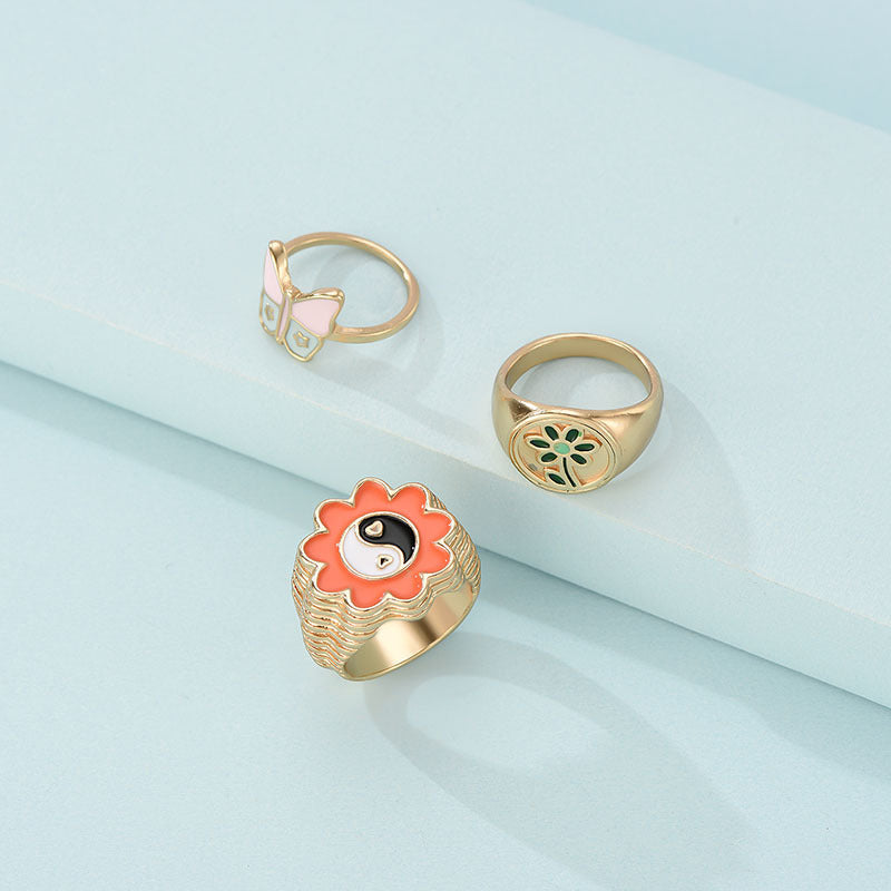 Women Alloy Butterfly Ring Set Three Piece Geometric Dripping Oil Design Elegant Fashion Jewelry For All Occasions