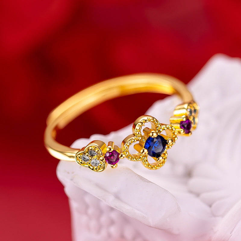 Gold Plated Clover Open Ring Adjustable Copper Electroplated Leaf Design Jewelry For Women Elegant Daily Wear Chic