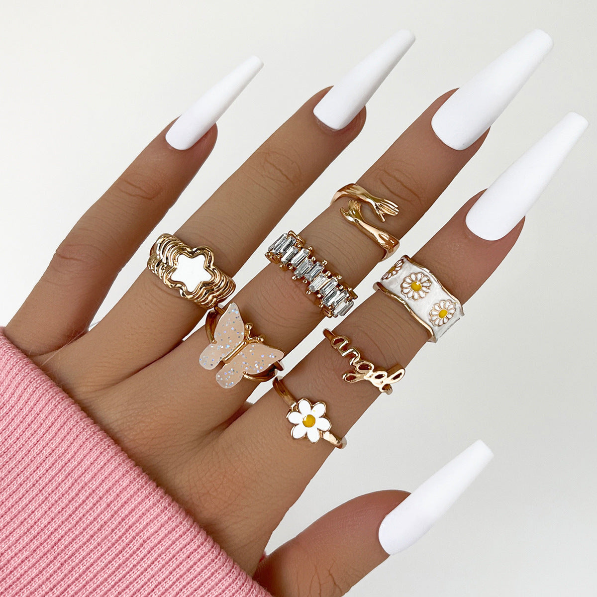Womens Fashion Alloy Ring Set With Butterfly Stars And Letter Accents Cute Knuckle Rings Stacking Midi Rings 7