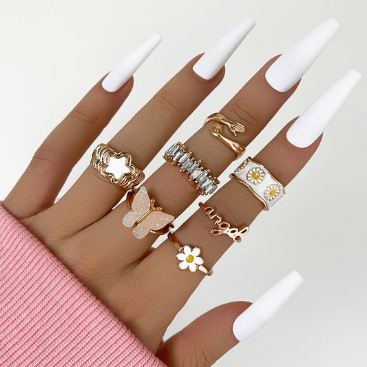 Womens Fashion Alloy Ring Set With Butterfly Stars And Letter Accents Cute Knuckle Rings Stacking Midi Rings 7