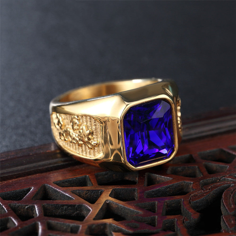 Dragon and Phoenix Ring Gemstone Retro Stainless Steel Ring Golden Champagne Red Stone Green Stone Blue Stones