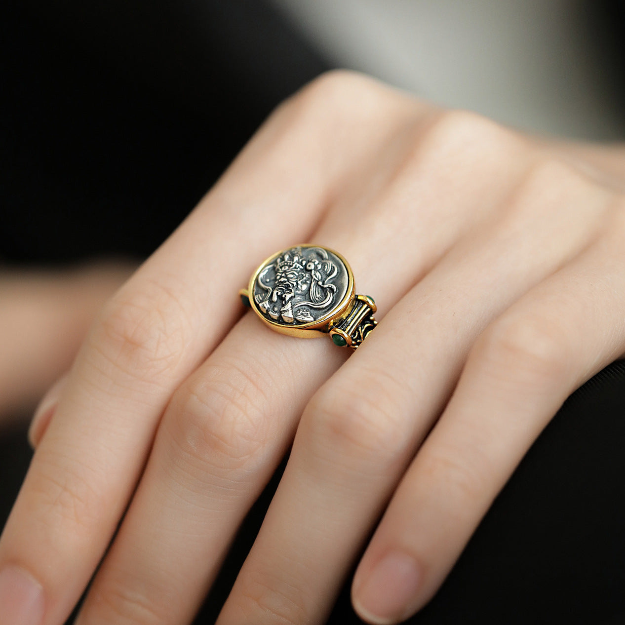 Grass Pattern Ring For Women Open Mouth Geometric Jewelry In Gold And Silver Copper Plated Retro Chinese Style
