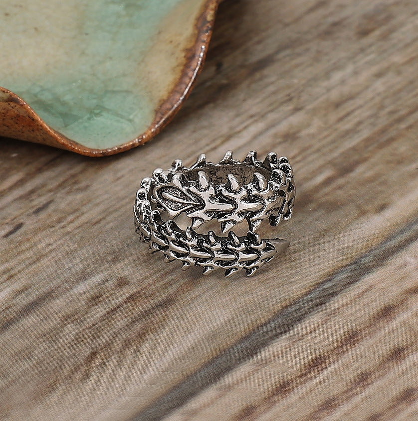 Womens Retro Geometric Open Ring Adjustable Alloy Silver Electroplated Backbone Design Ring Fashion Jewelry Style