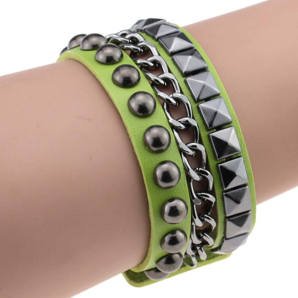 Layered Rivet Leather Bracelet PU Metal Bangle 22cm