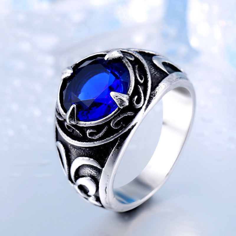 Mens Vintage Stainless Steel Ring With Sapphires Inlay Carved Bands Classic Everydays Wearable Fashion Jewelry