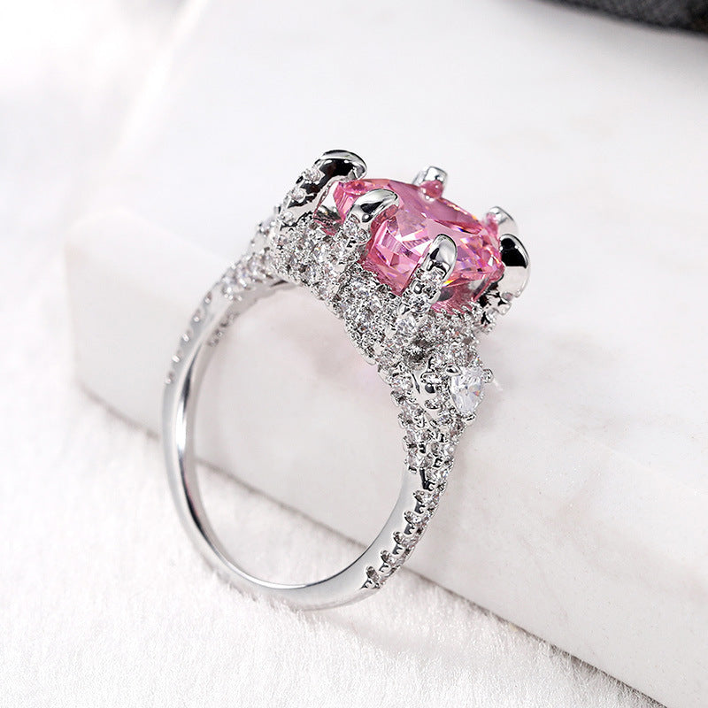 Pink Heart Zircon Ring Coppered Electroplated Jewelry for Engagement Promise Anniversary Gift Sparkling Durable