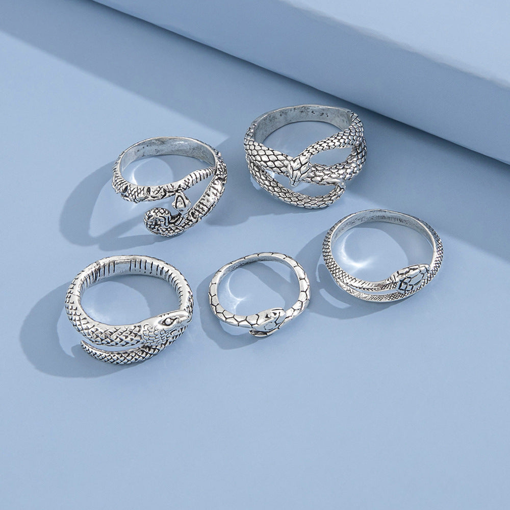 Electroplated Alloy Ring Set Geometric Snake Rings Vintage European American Style 5 Piece Free Shipping Today