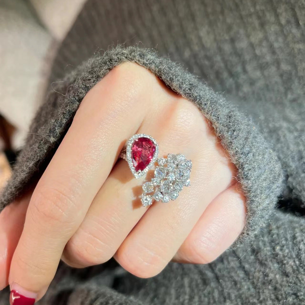 Copper Ring With Inlaid Zircon Red Pearl Adjustable Jewelry Elegant Statement Rings For Her Elegant Daily Wear