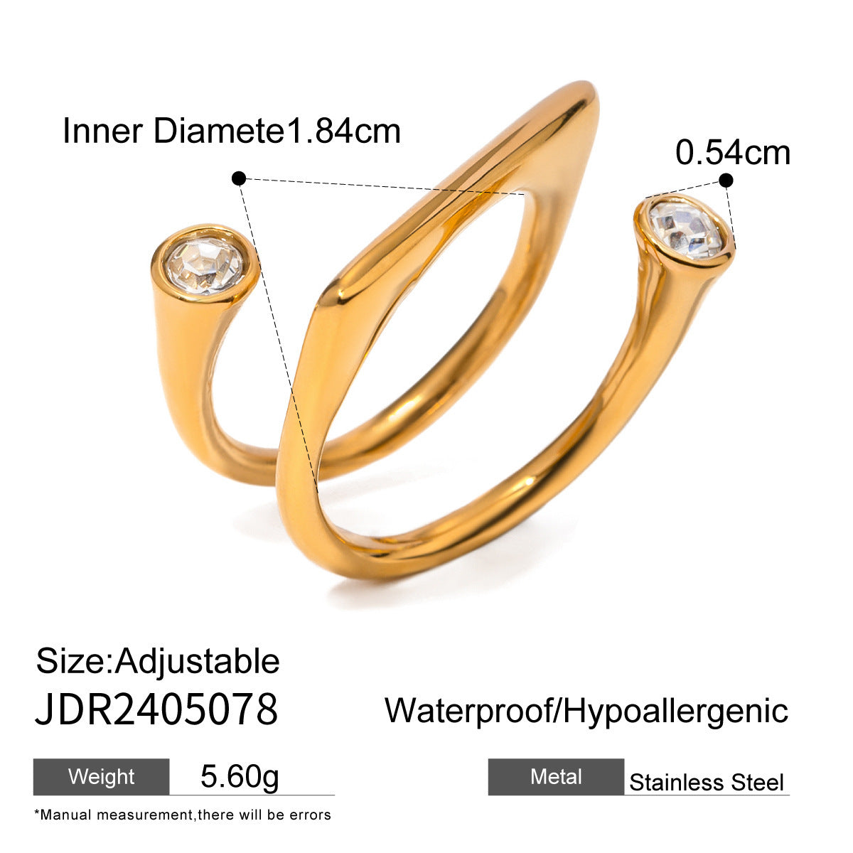 Unisex 18K Gold Plated Stainless Steel Ring With Zircon Open End Geometric Line Design Electroplated Jewelry XL