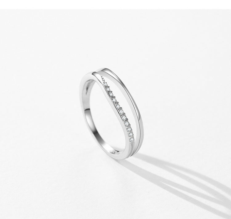 Sterling Silver Double Layer Geometric Ring With Micro Inlay White Gold Color For Women Jewelry For Daily Wear