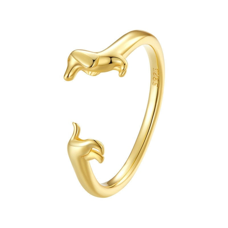 Sterling Silver Dachshund Ring Adjustable Oxidized S925 Geometric Sausage Dog Jewelry Gift For Sausage Dog Fan