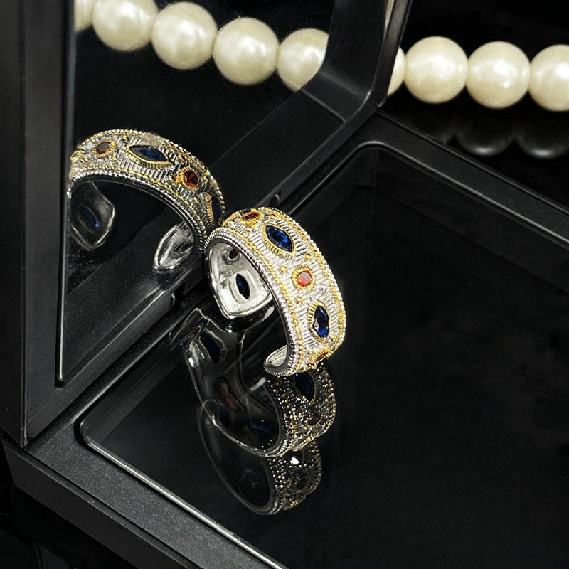 Women Retro Geometric Copper Ring With Zircon Inlaid Hollow Opening Design Fashion Jewelry Gift For Her Copper