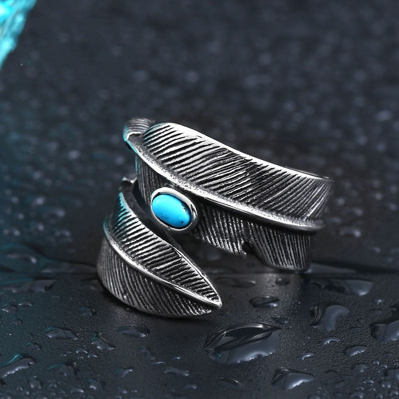 Unisex Titanium Steel Ring With Turquoise Inlaid Gemstone High Bridge Design Gold Plated Fashion Jewelry Everyday Wear