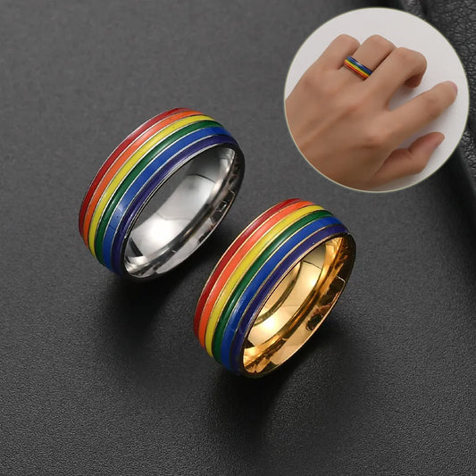 Rainbow Pride Ring Stainless Steel Unisex Jewelry Drop Shape Band In Gold Or Silver Finish For Men And Women Gift Ready