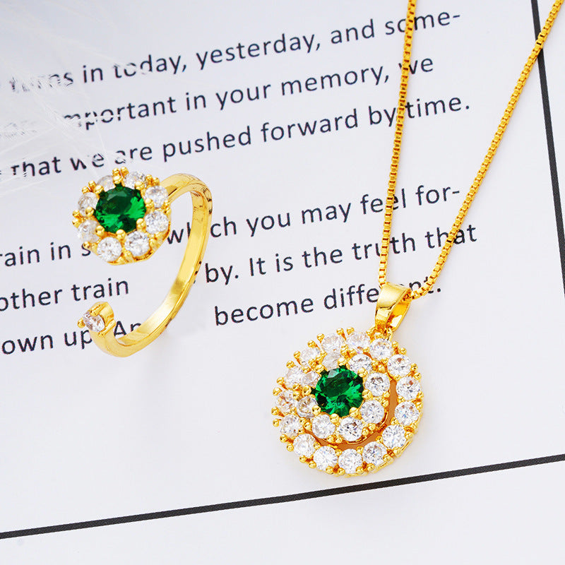 Spinning Ring Necklace Set with Zircon Pendant Brass Jewelry Gold Tone for Women Two Piece Collection Elegant Design