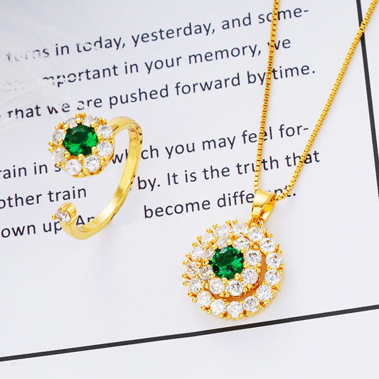 Spinning Ring Necklace Set with Zircon Pendant Brass Jewelry Gold Tone for Women Two Piece Collection Elegant Design