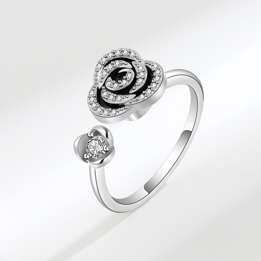 Women Adjustable Opening Ring With Rotating Rose Flower Design Copper Ring With Zircon Floral Geometry Collection