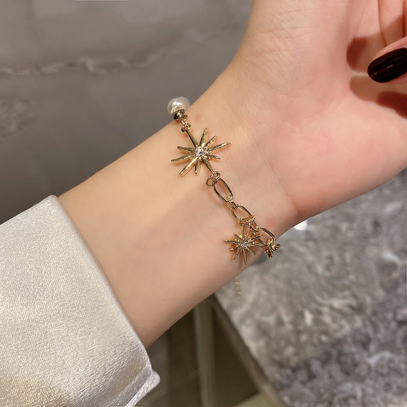 Womens Pearl Bracelet Eight Pointed Star Design And White Gold Inlaid Gems Bracelet Special Occasions Star Pearl