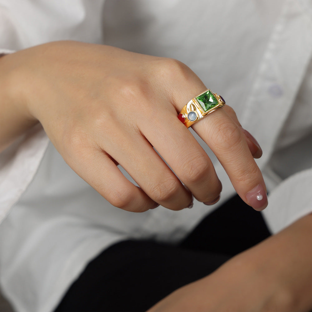 Women's Open Ring Natural Stone Ornament with White Zircon Beccarite Gold Copper Quadrilateral Geometry Element Ring Jewelry Gift for Her