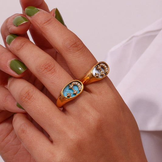 Stainless Steel Ring For Women Moon And Star Design Vintage Oval Signet Jewelry Gift For Her Simple Gleam Gift